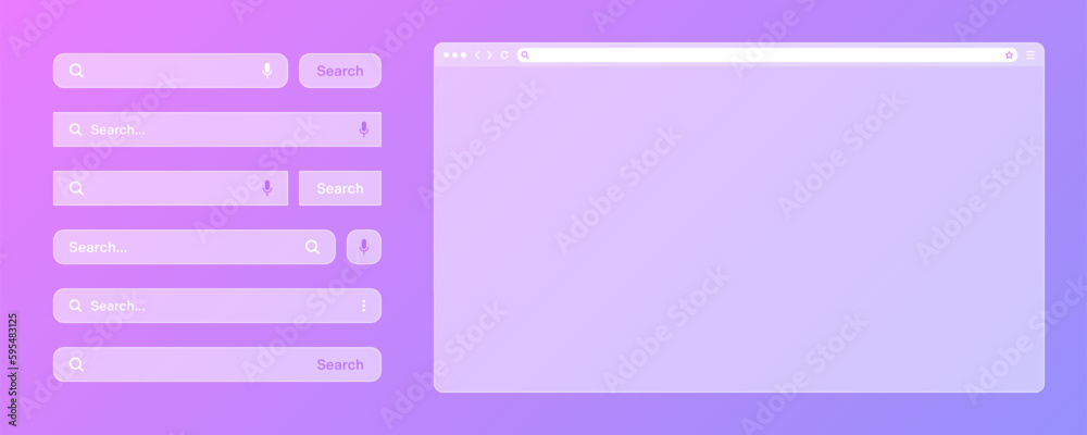 Blank transparent internet browser window with various search bar templates. Web site engine with search box, address bar and text field. UI design, website interface elements. Vector illustration Blank transparent internet browser window with various search bar templates. Web site engine with search box, address bar and text field. UI design, website interface elements. Vector illustration