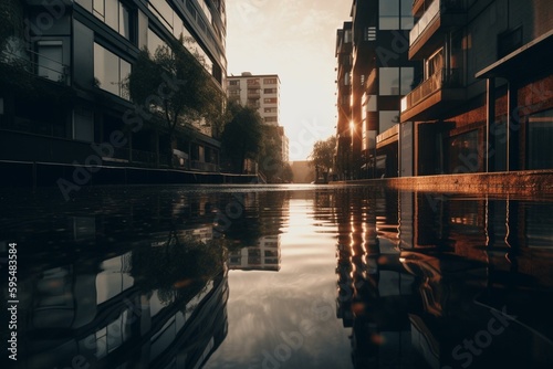 Urban reflection on water. Generative AI