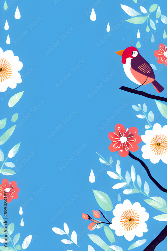 Background with bird and floral frame, painting illustration. Generative AI