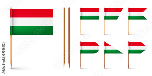 Realistic various Hungarian toothpick flags. Souvenir from Hungary. Wooden toothpicks with paper flag. Location mark, map pointer. Blank mockup for advertising and promotions. Vector illustration