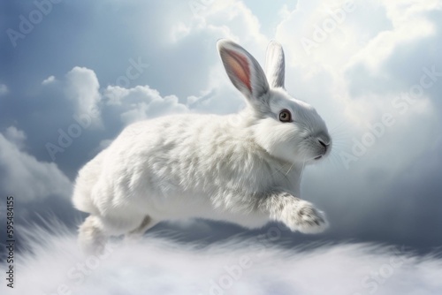 Adorable happy snow hare soaring among fluffy clouds in a digital art. Generative AI © Amaya
