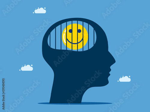 Positive thinking or blocking creativity. Good mood icon in a prison on a human head vector