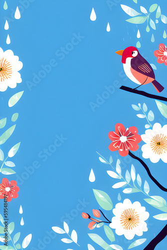 Background with bird and floral frame  painting illustration. Generative AI