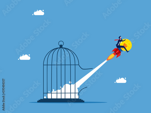 Business creative ideas. Brave businessman flies out of prison with light bulb vector