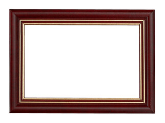 Horizontal classic wooden photo frame with copy space isolated on transparent background. PNG format clip art.