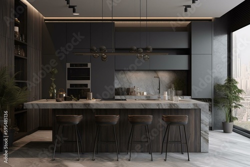 Modern grey kitchen with bar and mockup frame, cooking area included. Generative AI © Evelina