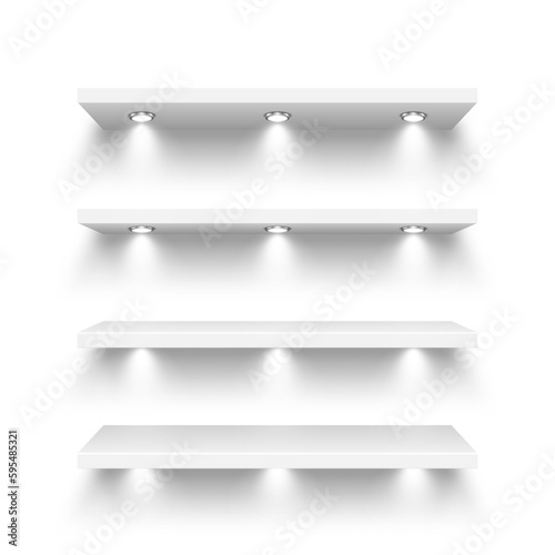 Realistic white store shelves with lighting, spotlights. Empty product shelf, grocery wall rack. Mall and supermarket furniture, bookshelf. Modern interior design element. Vector illustration