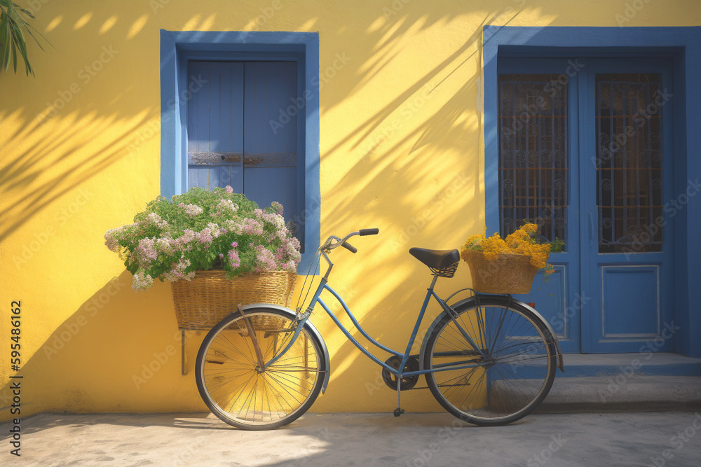 Bicycle with flowers in a straw basket near yellow wall of beautiful house in the rays of sunlight. Summer mood. Close- up. Generated AI