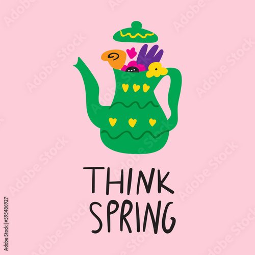 Green teapot. Think spring. Illustration on pink background.