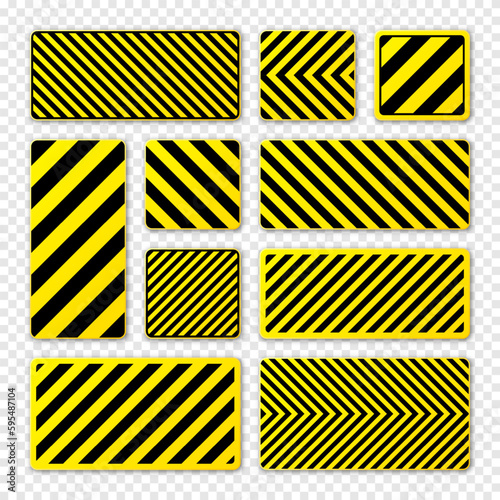 Various black and yellow warning signs with diagonal lines. Attention, danger or caution sign, construction site signage. Realistic notice signboard, warning banner, road shield. Vector illustration