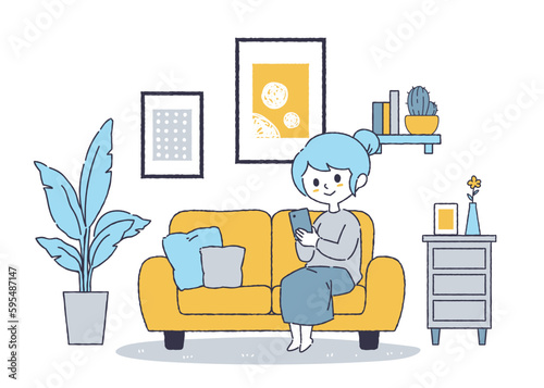 シンプルなソファに座る女性のイラスト