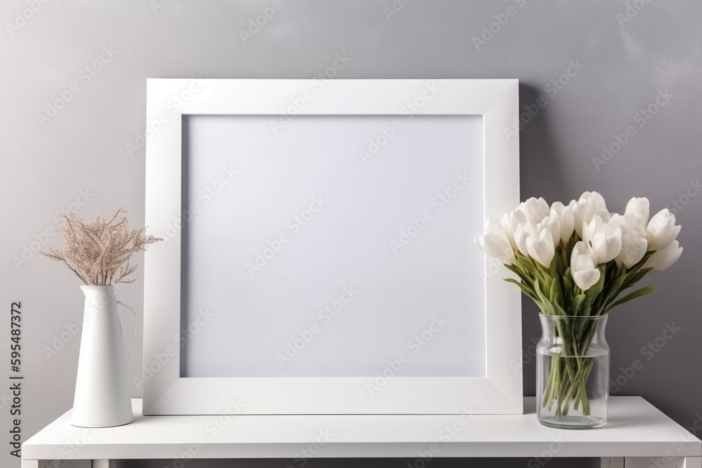 White photo frame mockup with bouquet of white tulips in vase on white shelf. Generative AI White photo frame mockup with bouquet of white tulips in vase on white shelf. Generative AI