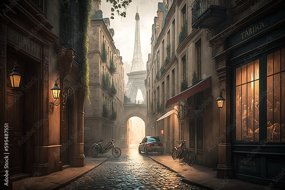 Cozy Paris, Movie Scene. Generative AI.
A digital painting of a narrow Paris street with a famous landmark in the background. 