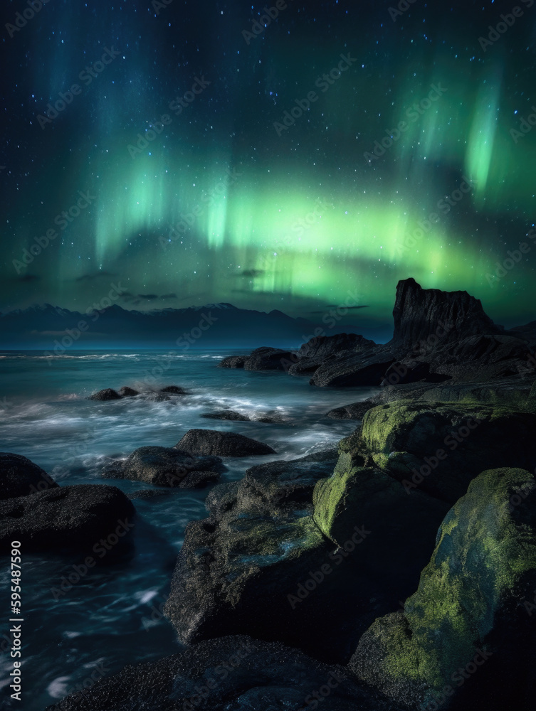 Photograph - aurora borealis over a rocky shore. Generative AI