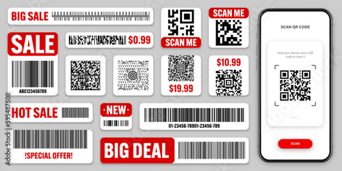 Product barcodes and QR codes. Smartphone application, scanner app. Sale stickers, discount label or promotional badge. Serial number, product ID. Store, supermarket scan labels. Vector illustration