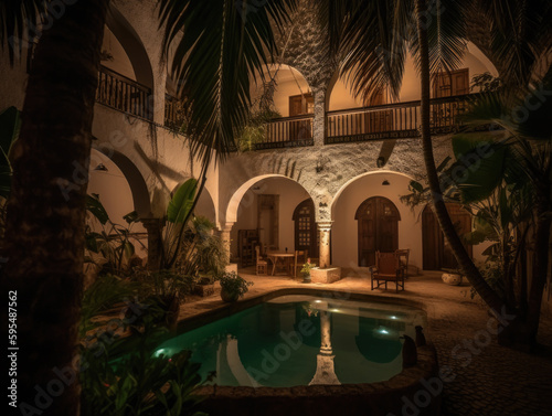 Courtyard with a pool and palm trees at night. Generative AI