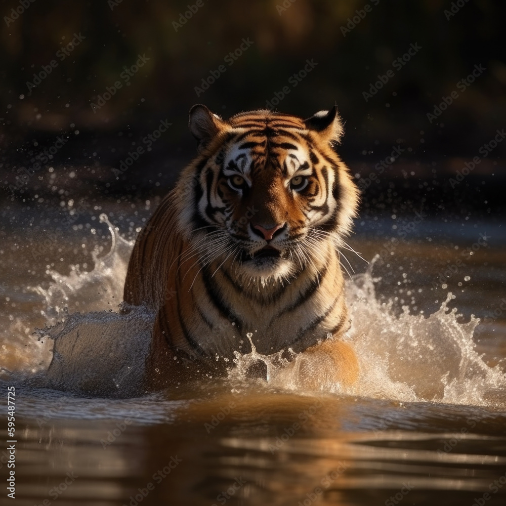 Tiger is running through the water. Generative AI