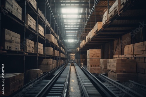 Automated conveyor sorting boxes amidst industrial storage inside warehouse hangar. 3D visual of warehouse interior with barrel racks. Generative AI