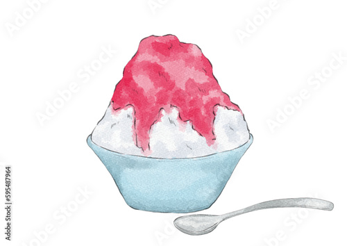 スプーン別の器に入ったいちご味かき氷のイラスト（水彩風）