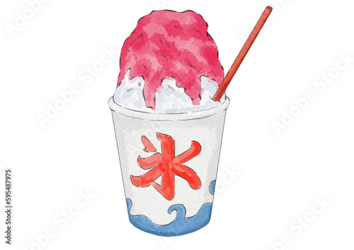 ストロー付き紙カップのいちご味かき氷のイラスト（水彩風）