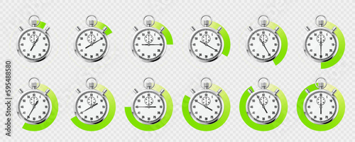 Realistic classic stopwatch. Shiny metal chronometer, time counter with dial. Green countdown timer showing minutes and seconds. Time measurement for sport, start and finish. Vector illustration