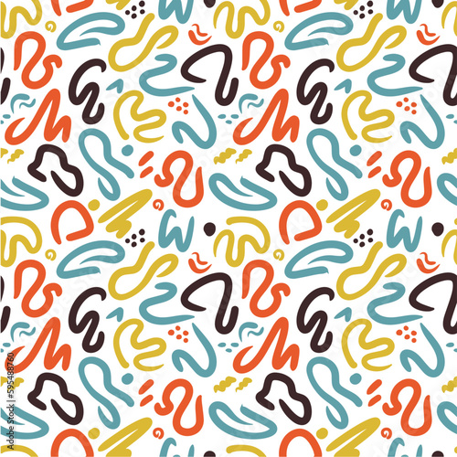 90 s style squiggles seamless pattern. Colorful doodles for textile or background. Cheerful colorful children s lines. Vector illustration