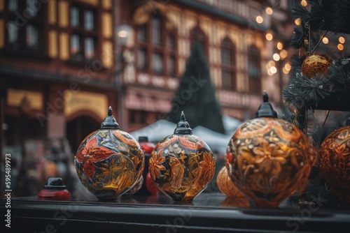 Festive ornaments adorn holiday market in Colmar, Alsace, France. Generative AI