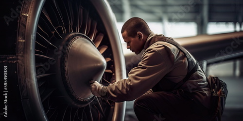 airline mechanic inspecting a plane before takeoff to ensure it is in safe operating condition Generative AI