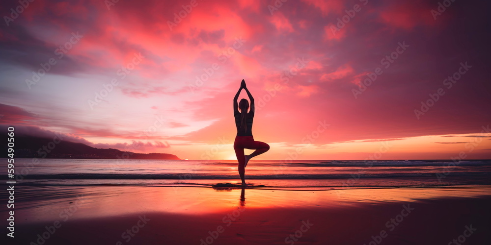 woman practicing yoga on a serene beach at sunrise with a colorful sky in the background Generative AI