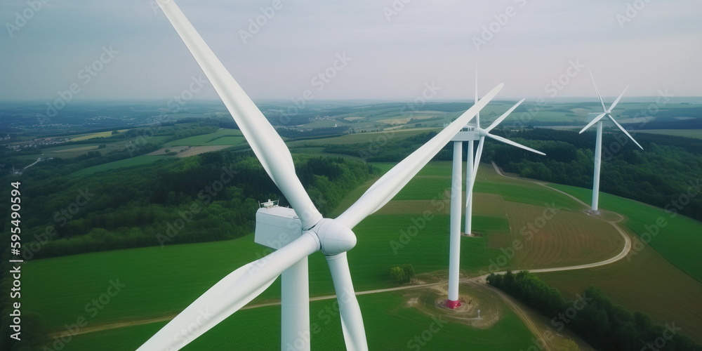 Φωτογραφία Aerial view of a wind farm with white turbines spinning in a green countryside G