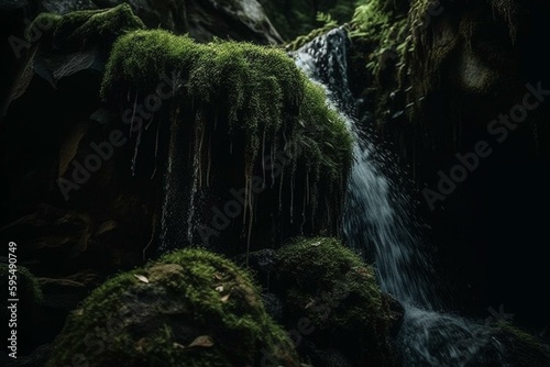 A stunning waterfall falls down a mossy rock face amidst intricate natural details. Generative AI