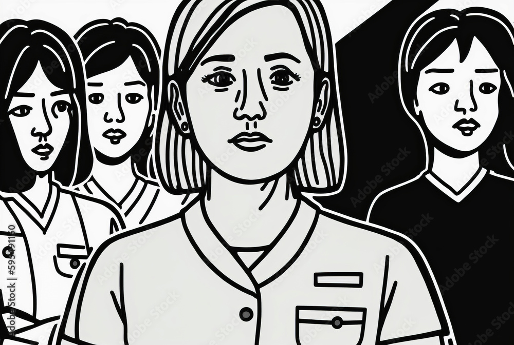Black and white image of a nurse with her colleagues. Simple and flat ...