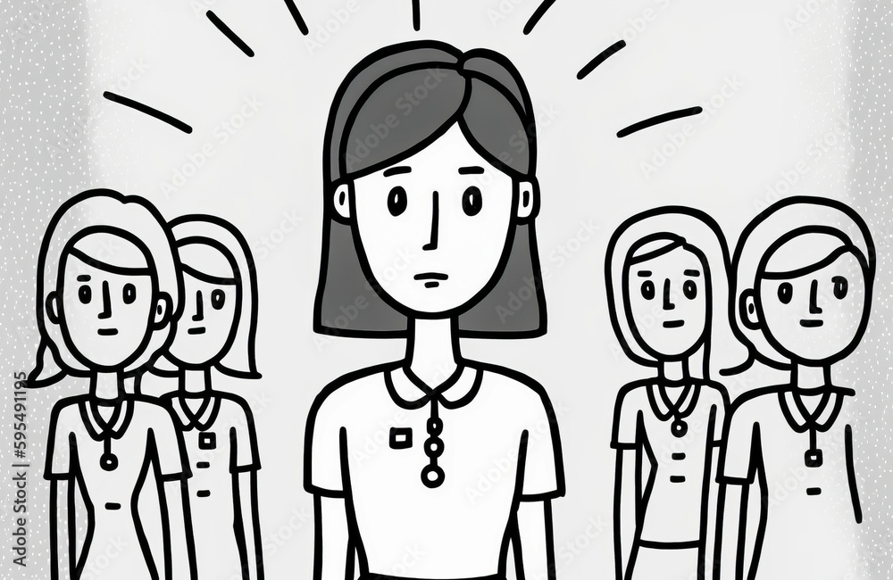 Black and white image of a nurse surrounded by colleagues. The simple style, flat design and illustration convey a sense of compassion and care. Generative AI