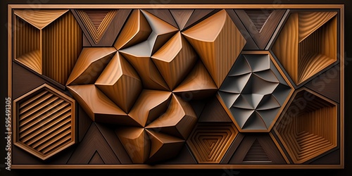 Fototapeta Naklejka Na Ścianę i Meble -  3d Wooden pattern Panel, With Wooden Background For Wall, 3d illustration. Abstract low poly background. Polygonal shapes background, geometric shape with wood texture by AI Generative
