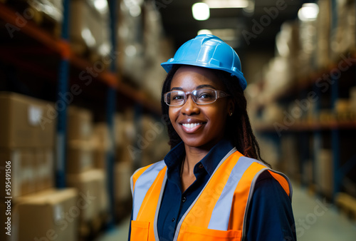 A beautiful woman in a protective helmet and uniform working in a warehouse in a manufacturing factory as a warehouse worker. Standing with her arms crossed. Generative ai