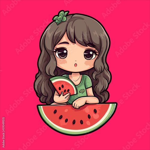 Cute little girl eating watermelon. Vector illustration of a cartoon character