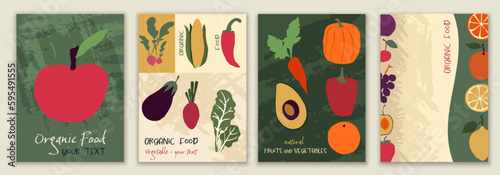 Organic fresh vegetables and fruits food template poster set.Greengrocers shop or restaurant using healthy and bio natural food products. Farm that produces organic food. Eco-environment