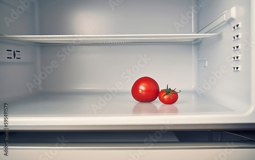 Red tomato empty fridge. Generative AI technology.