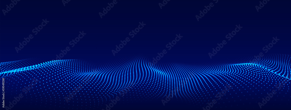 Dynamic blue particle wave. Futuristic point glowing wave. Flow digital structure. Data technology background. Vector illustration.