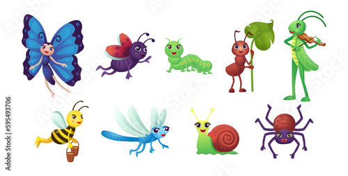 Big set of cartoon insects for kids. Humanized insects with hands and eyes for kids. Fun to study insects to play games.  Insects on white background.