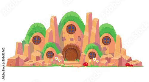 House with many windows in the mountain. Hobbit house, castle in the mountain, hills with houses, anthill. Cartoon style for kids. Stone house.