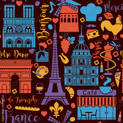 Seamless pattern with traditional symbols of Paris