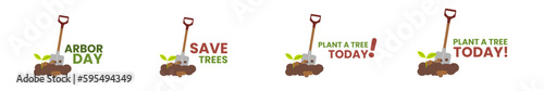 Vector illustration of arbor day icon, planting tree, text message of save trees, plant a tree today with shovel in the ground illustration 