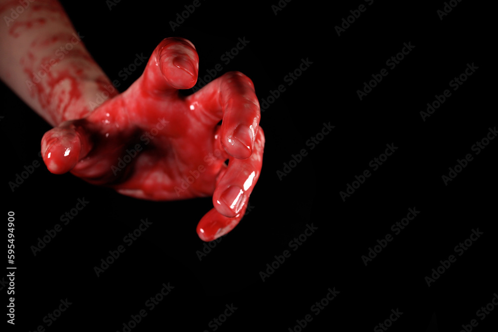 bloody hand on a black background, the concept of self-defense, murder, nightmares, halloween - obrazy, fototapety, plakaty 