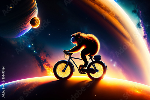 monkey on bike in space with glimpse of Jupitor. AI generated.