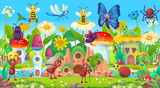 Summer Landscape of field with dandelions, buttercups, insects and mushrooms and wildflowers blue sky background. Vector illustration in cartoon style