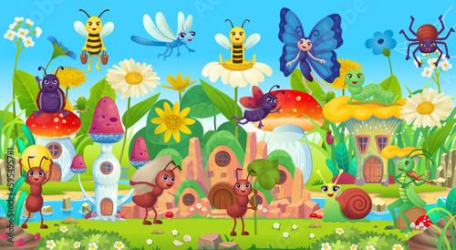 Summer Landscape of field with dandelions, buttercups, insects and mushrooms and wildflowers blue sky background. Vector illustration in cartoon style © NADEZHDA
