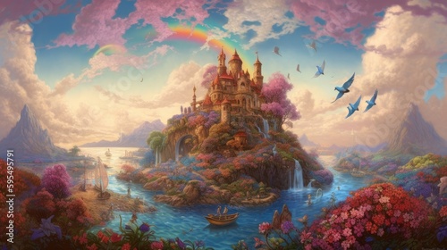 detailed fantasy art  magical realism  old school Disney style  Sunny day  blue sky  flowers  river