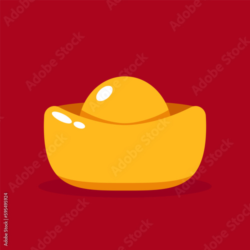 illustration of sycee or Chinese gold ingot. Asian festival element isolated on red background.