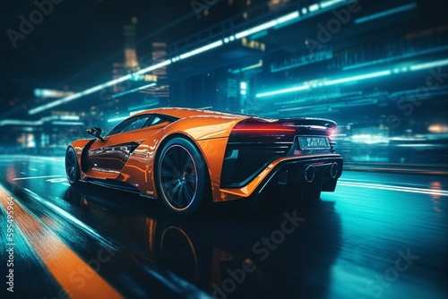 Futuristic sports car races on neon highway. Superfast acceleration on colorful night track. Generative AI